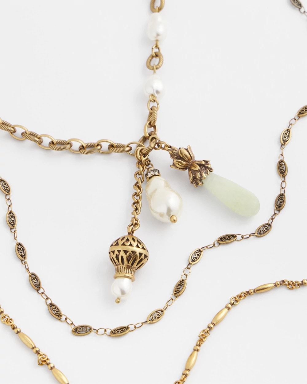Chico's Trending - Convertible Multi-Strand Jade & Faux Pearl Charm Necklace White/Gold