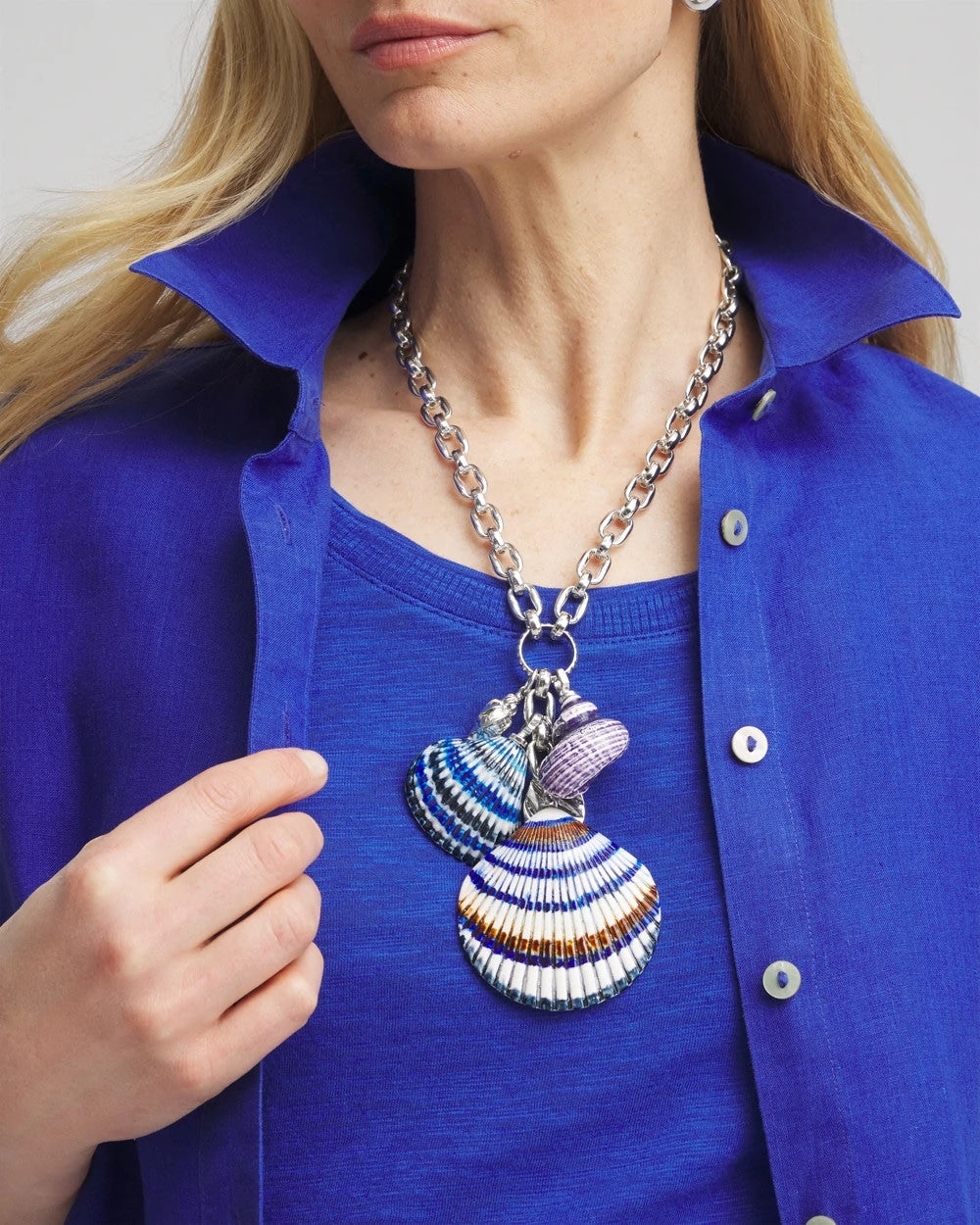 Chico's New - Silver-Tone Seashell Pendant Necklace Blue And White