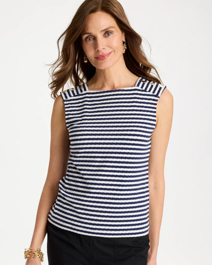 Chico's Signature - Cotton Striped Button Tee Passport Blue