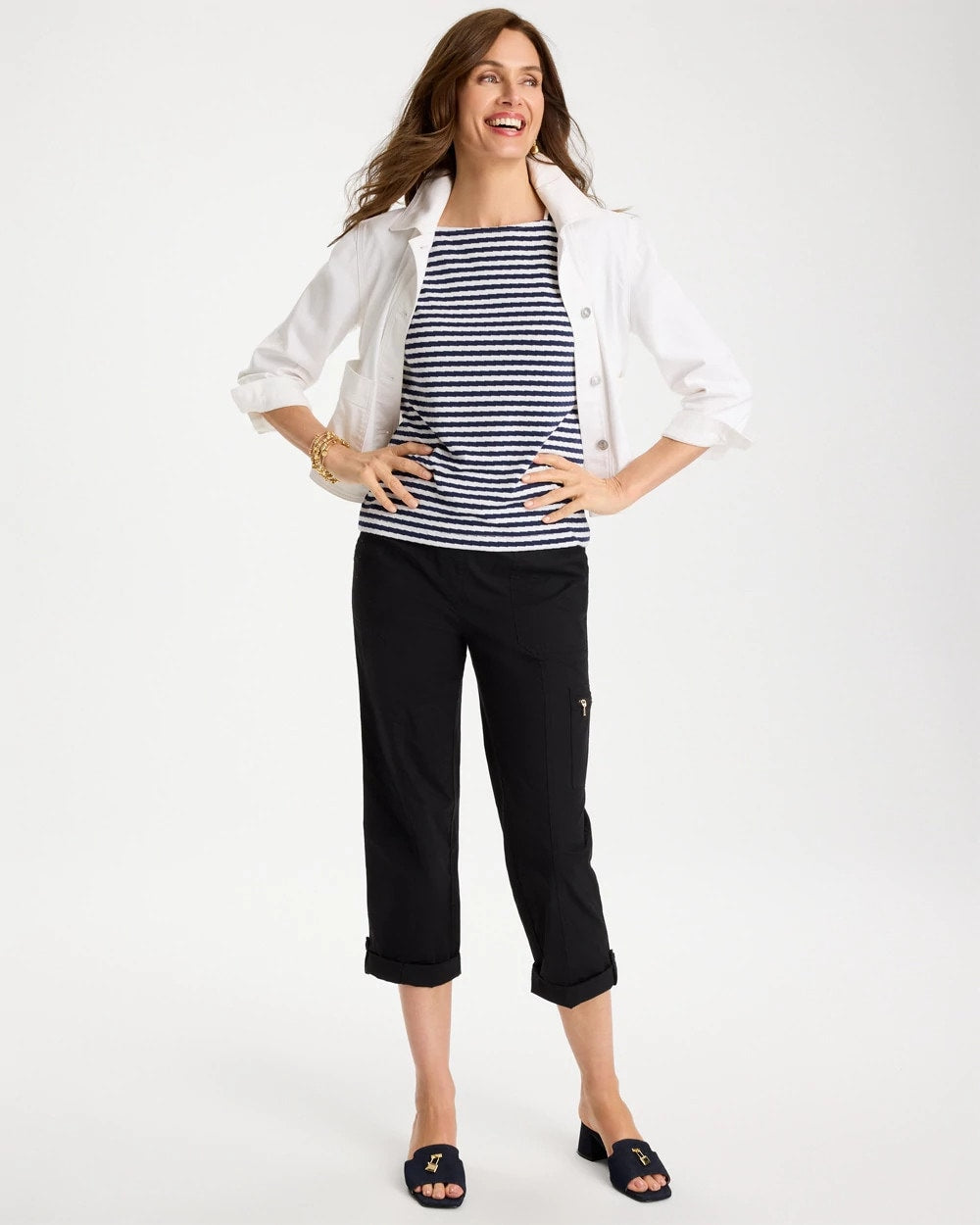 Chico's Signature - Cotton Striped Button Tee Passport Blue