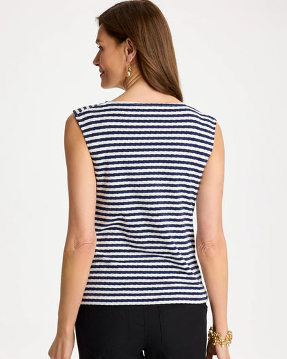 Chico's Signature - Cotton Striped Button Tee Passport Blue