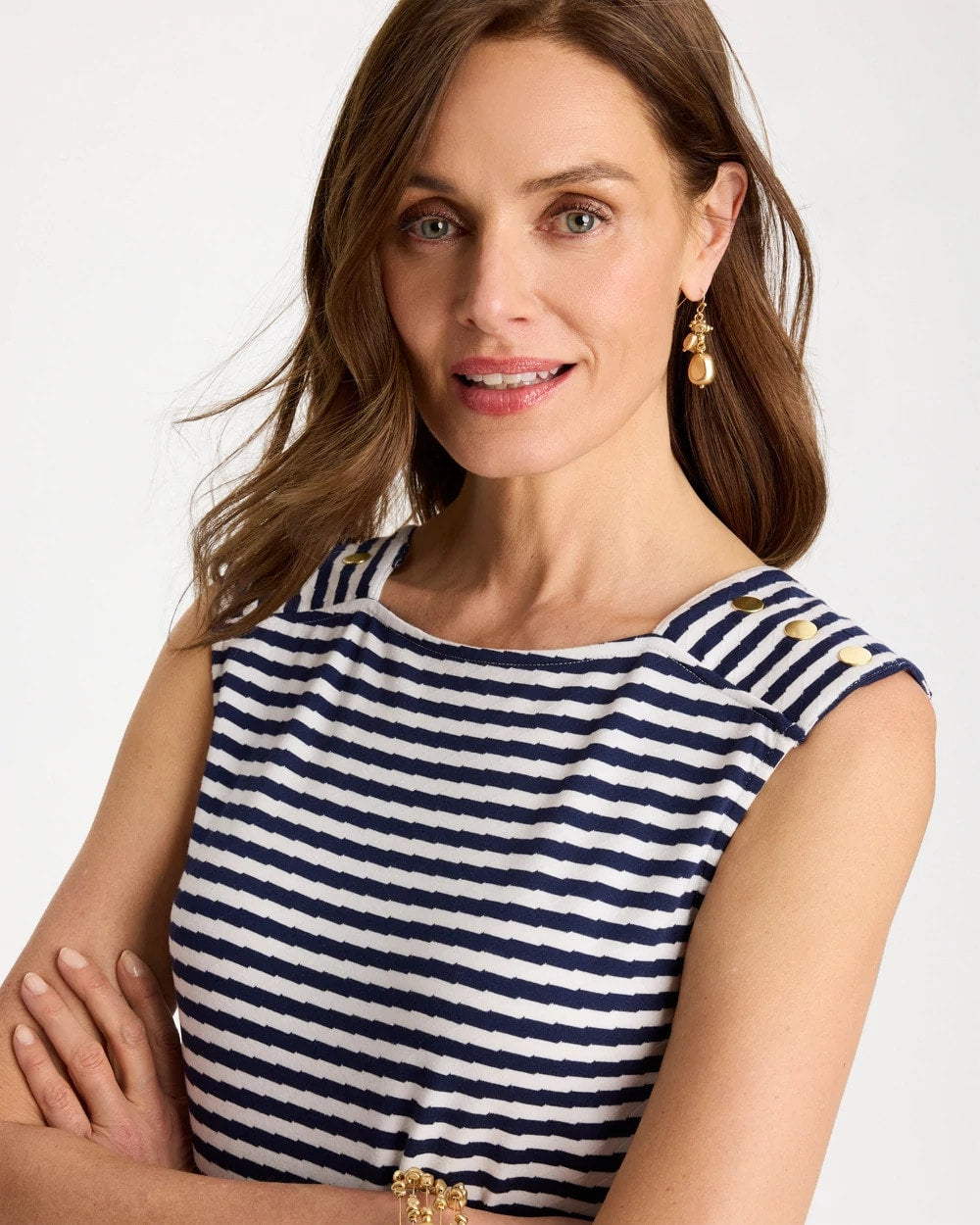 Chico's Signature - Cotton Striped Button Tee Passport Blue