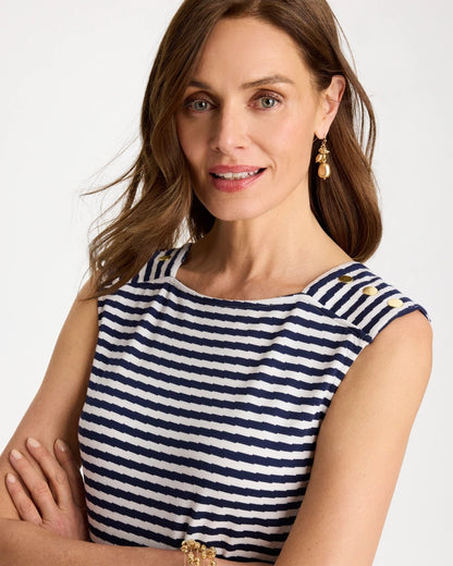 Chico's Signature - Cotton Striped Button Tee Passport Blue