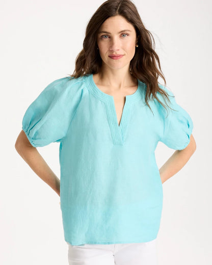 Chico's Popular - Linen Trapunto Popover Top Bondi Blue