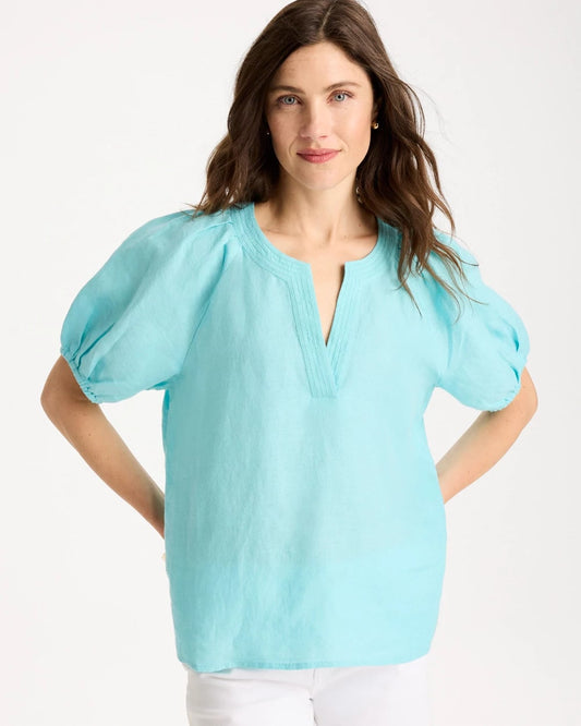Chico's Popular - Linen Trapunto Popover Top Bondi Blue