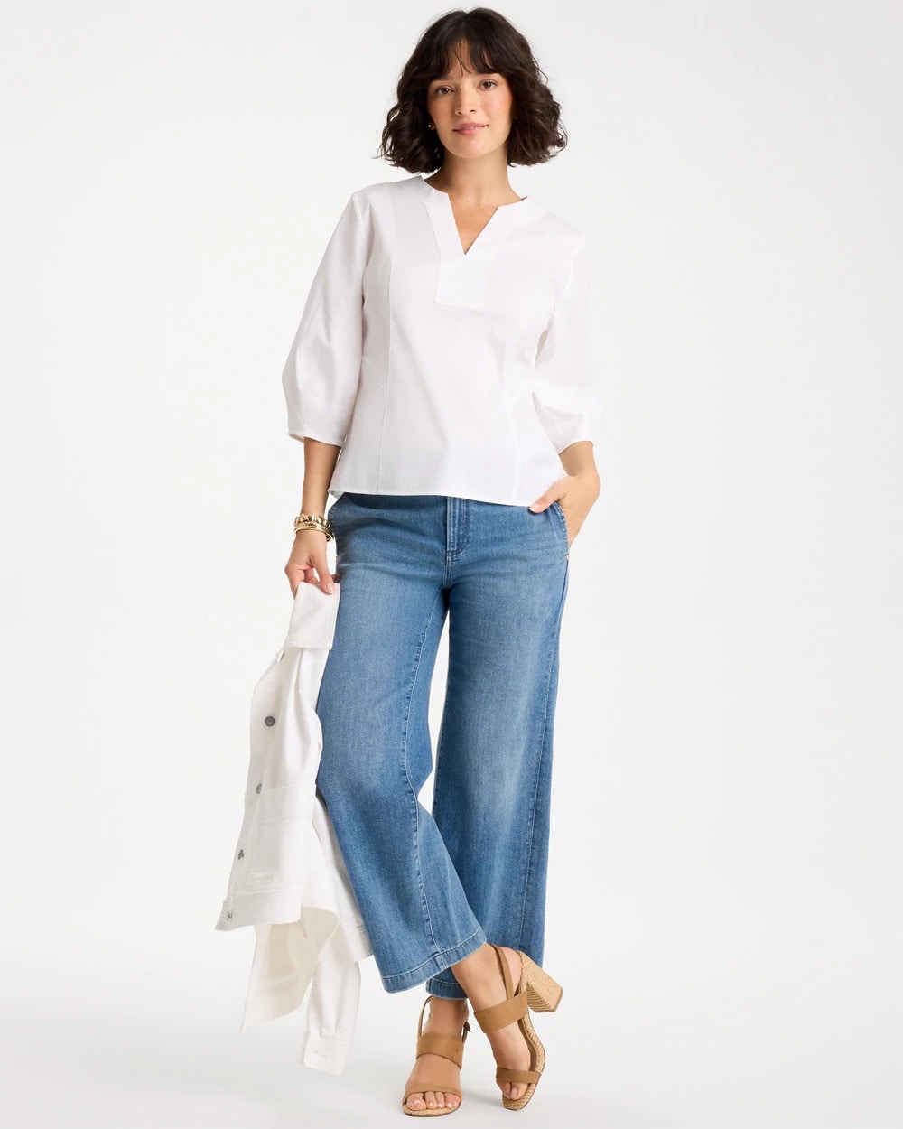 Chico's Customer Favorite - Poplin Cotton 3/4 Sleeve Popover Alabaster