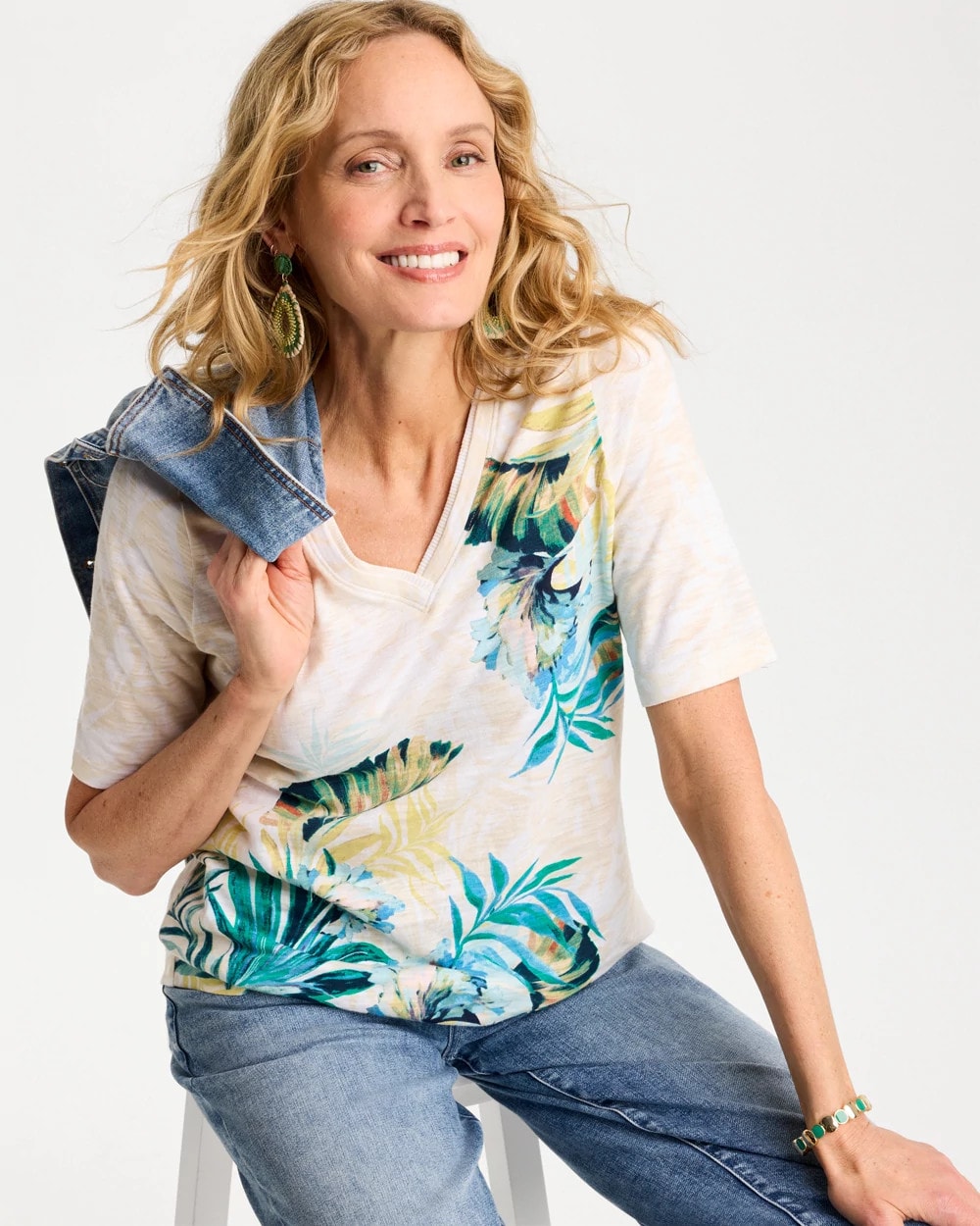 Chico's Top Pick - Printed Cotton Slub V-Neck Tee Topanga Green