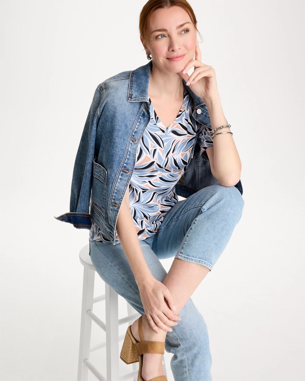 Chico's Top Pick - Printed Pima Elbow-Sleeve Tee Blue Haven