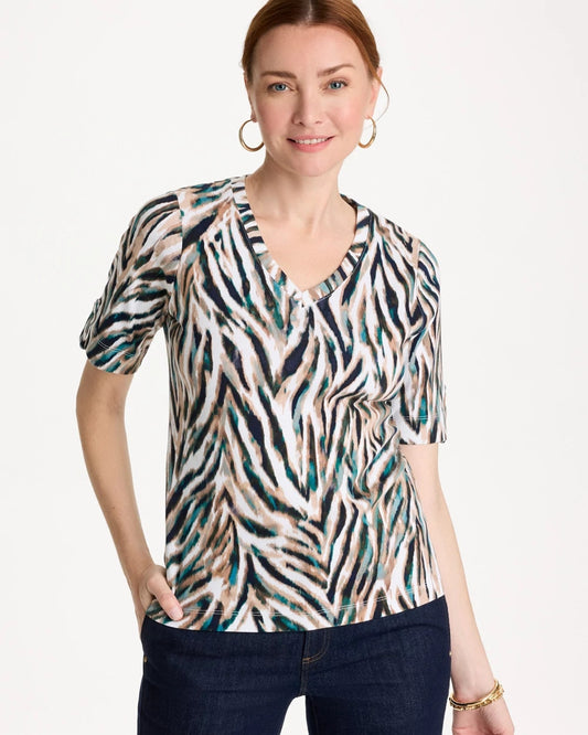 Chico's Everyday - Animal Print Pima Elbow-Sleeve Tee Lagoon Blue