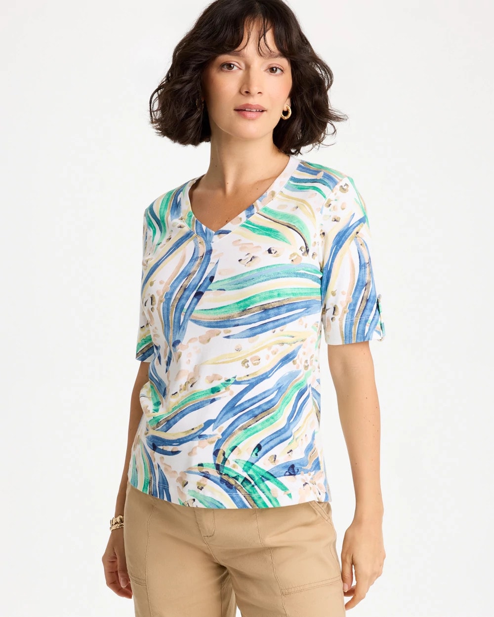 Chico's Special Offer - Printed Pima Elbow-Sleeve Tee Topanga Green