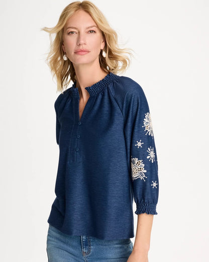 Chico's Premium - Embroidered Denim Henley Tee Passport Blue