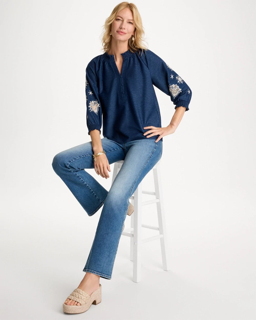 Chico's Premium - Embroidered Denim Henley Tee Passport Blue
