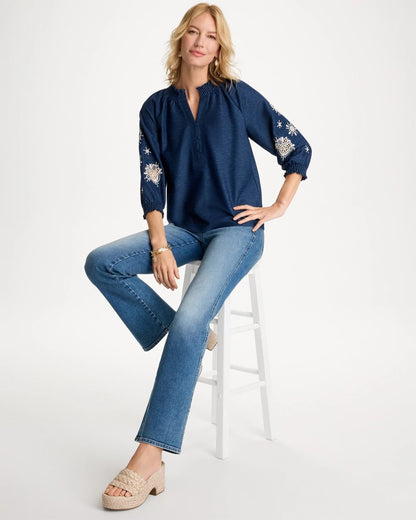 Chico's Premium - Embroidered Denim Henley Tee Passport Blue