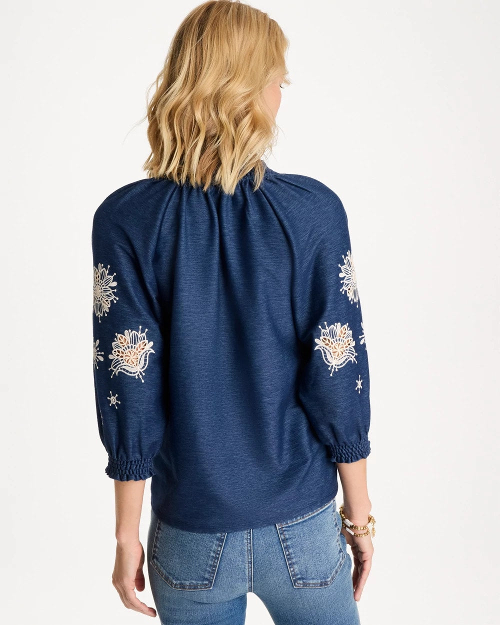 Chico's Premium - Embroidered Denim Henley Tee Passport Blue