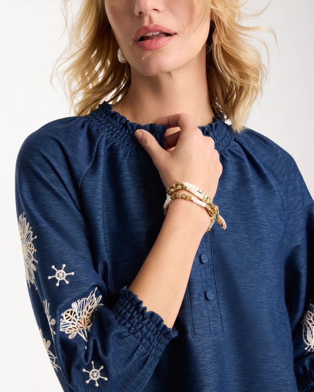 Chico's Premium - Embroidered Denim Henley Tee Passport Blue