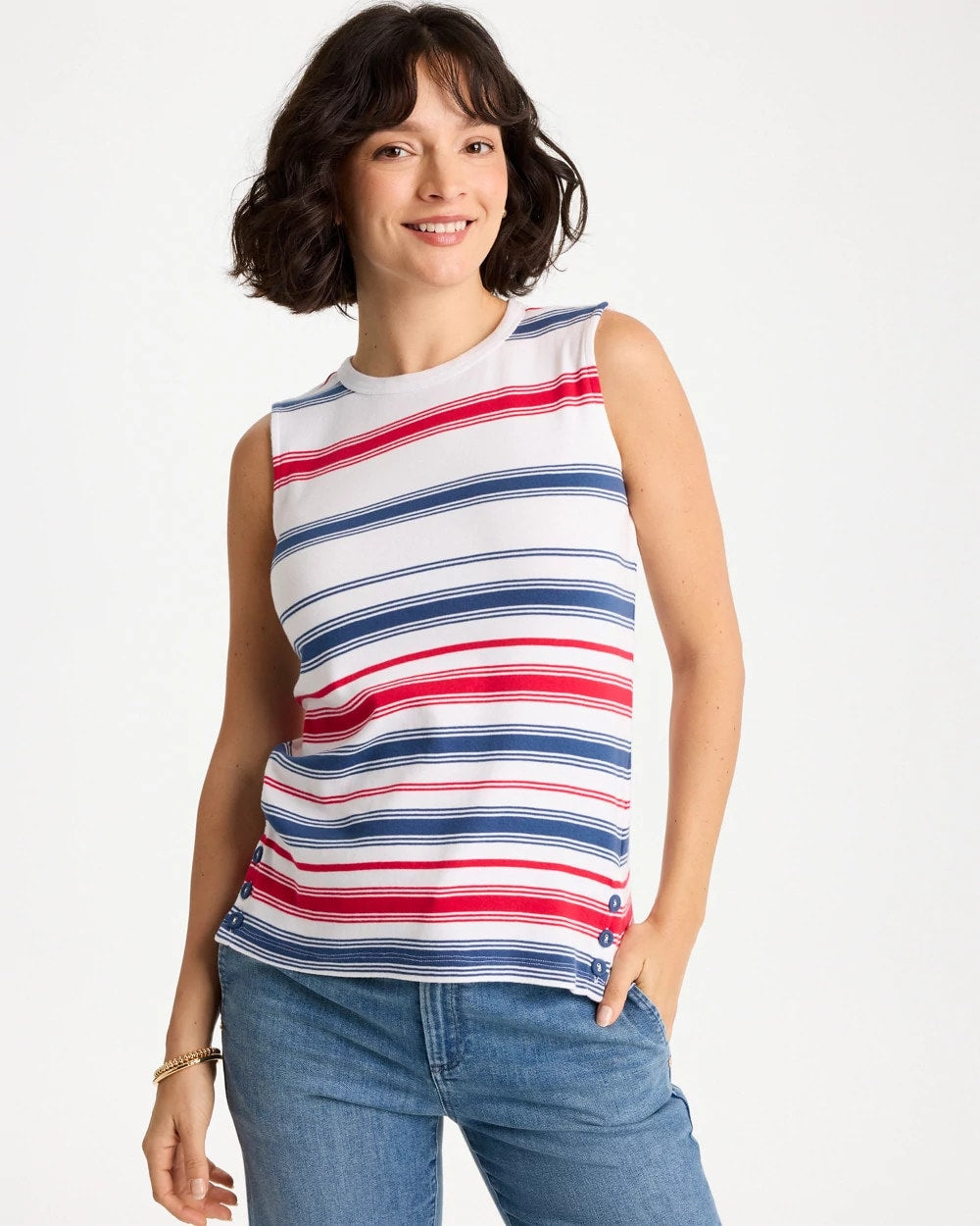 Chico's New - Cotton Button Trim Tank Passport Blue