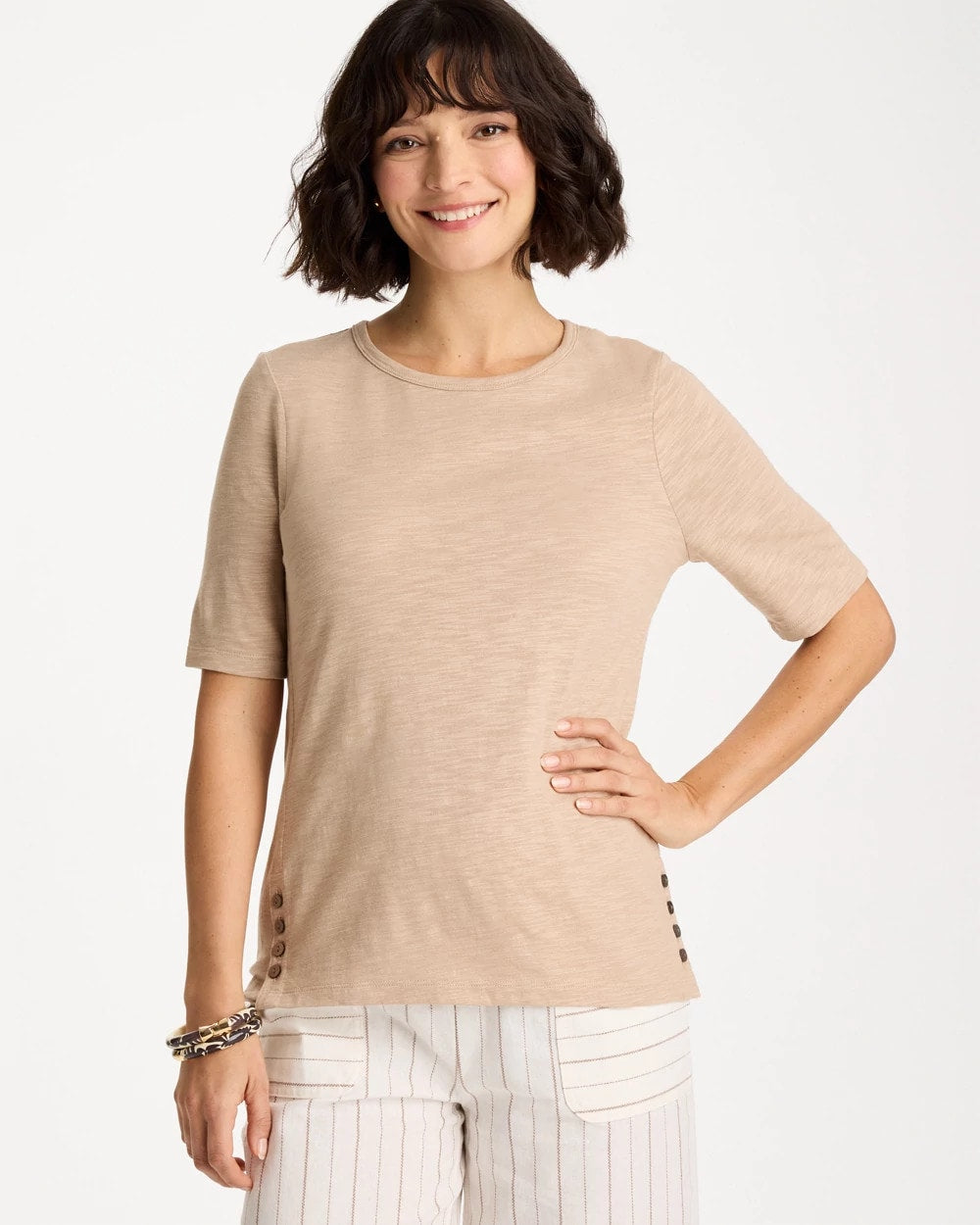 Chico's Value - Foil Print Cotton Slub Elbow-Sleeve Tee Mocha Mousse