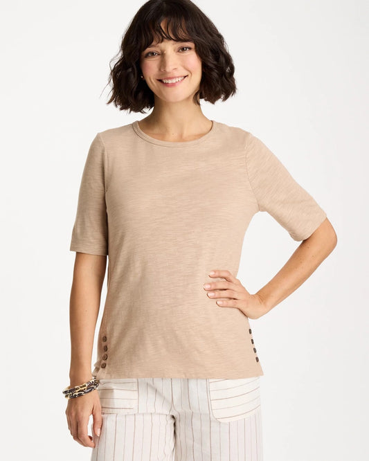 Chico's Value - Foil Print Cotton Slub Elbow-Sleeve Tee Mocha Mousse