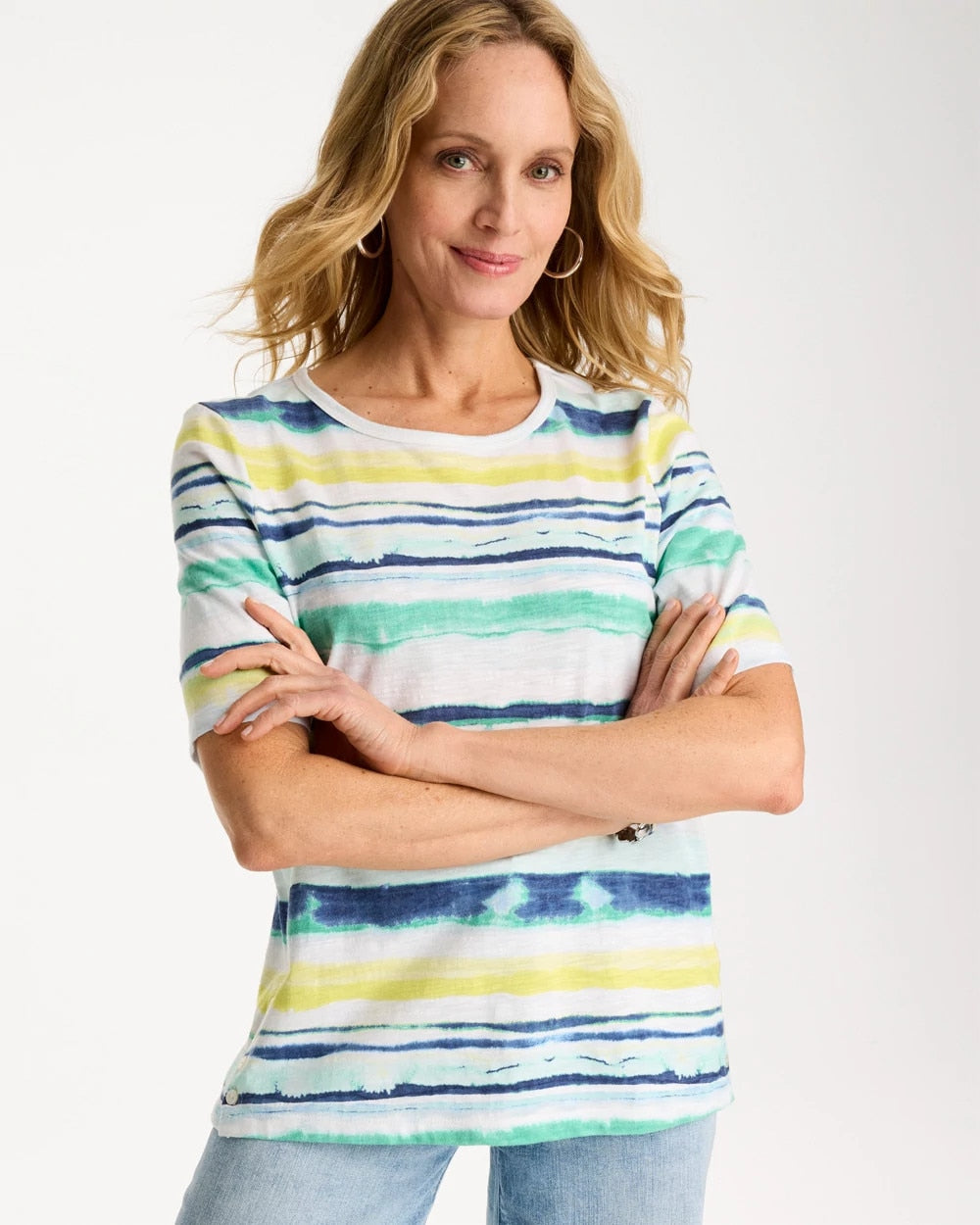 Chico's Exclusive - Striped Cotton Slub Elbow-Sleeve Tee Sage Lime