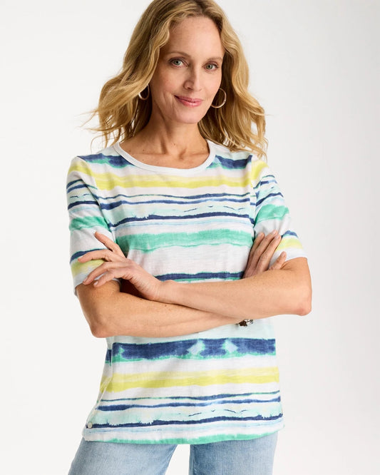 Chico's Exclusive - Striped Cotton Slub Elbow-Sleeve Tee Sage Lime