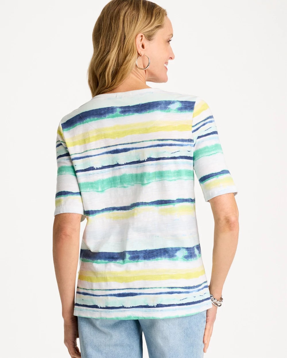 Chico's Exclusive - Striped Cotton Slub Elbow-Sleeve Tee Sage Lime