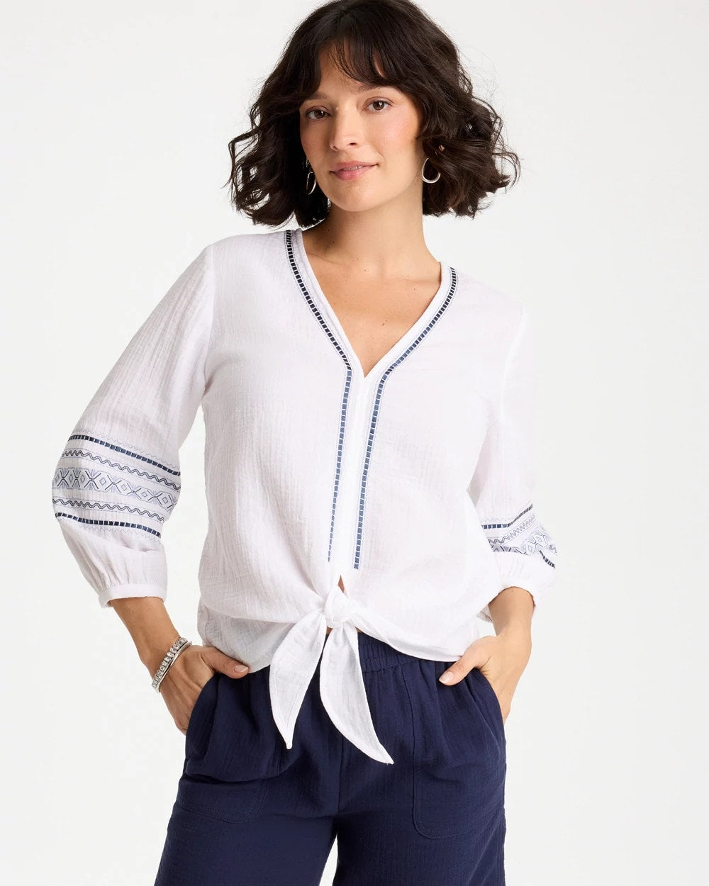 Chico's Customer Favorite - Cotton Gauze Embroidered Tie-Front Blouse Alabaster
