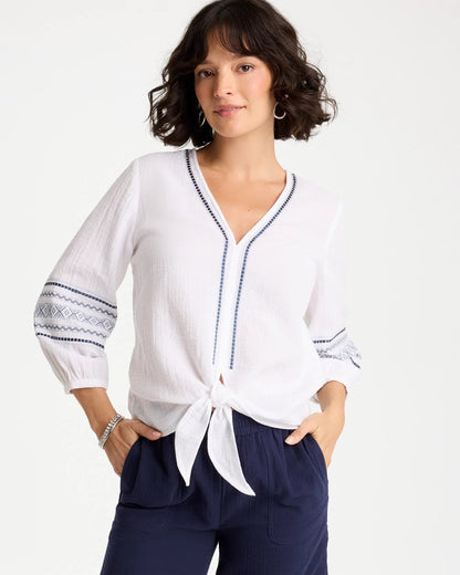 Chico's Customer Favorite - Cotton Gauze Embroidered Tie-Front Blouse Alabaster