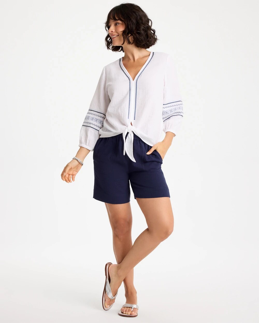 Chico's Customer Favorite - Cotton Gauze Embroidered Tie-Front Blouse Alabaster