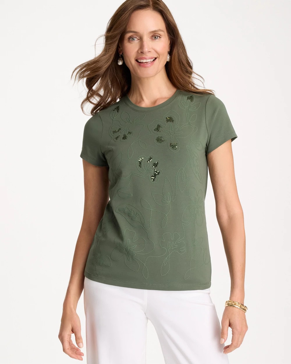 Chico's Signature - Embellished Cotton Stretch Cap-Sleeve Tee Kelp Forest
