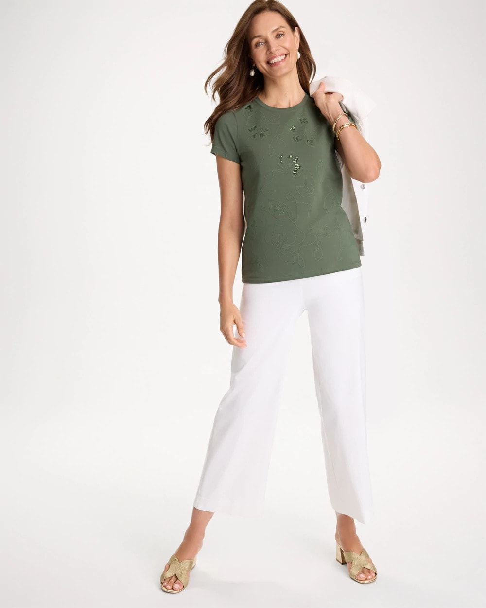 Chico's Signature - Embellished Cotton Stretch Cap-Sleeve Tee Kelp Forest