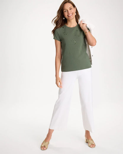 Chico's Signature - Embellished Cotton Stretch Cap-Sleeve Tee Kelp Forest