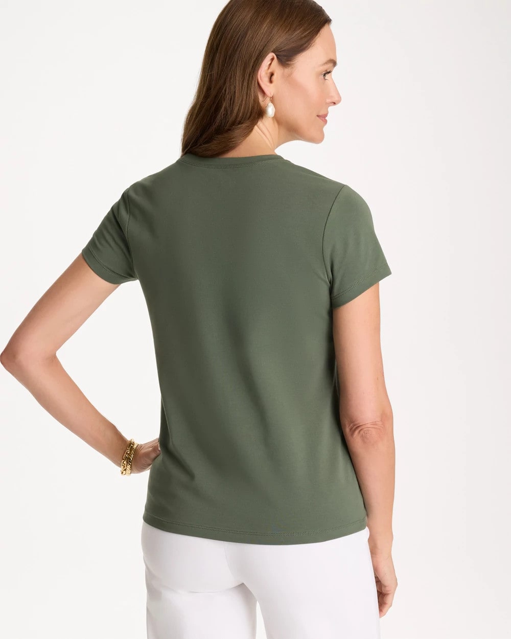 Chico's Signature - Embellished Cotton Stretch Cap-Sleeve Tee Kelp Forest