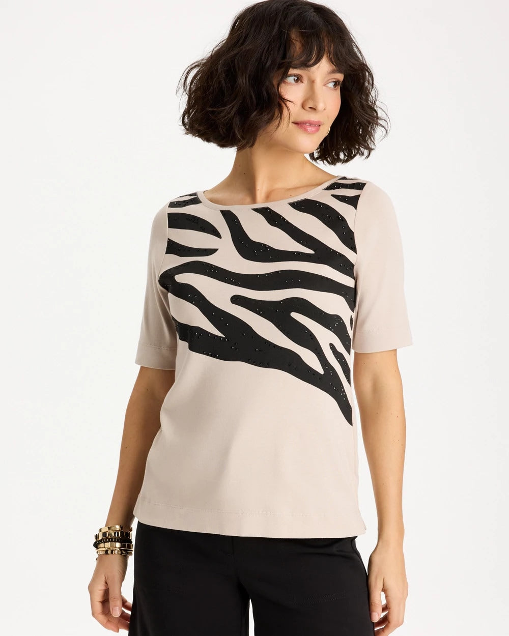 Chico's New - Zebra Pima Elbow Sleeve Tee Smokey Taupe