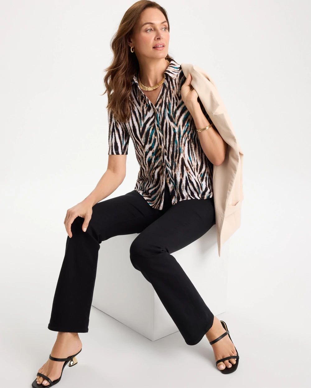 Chico's Premium - Tiger Print Textured Camp Tee Lagoon Blue