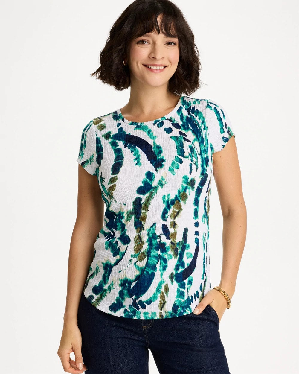 Chico's Special Offer - Printed Textured Knit Cap Sleeve Tee Topanga Green