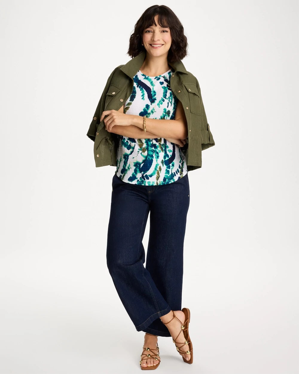 Chico's Special Offer - Printed Textured Knit Cap Sleeve Tee Topanga Green