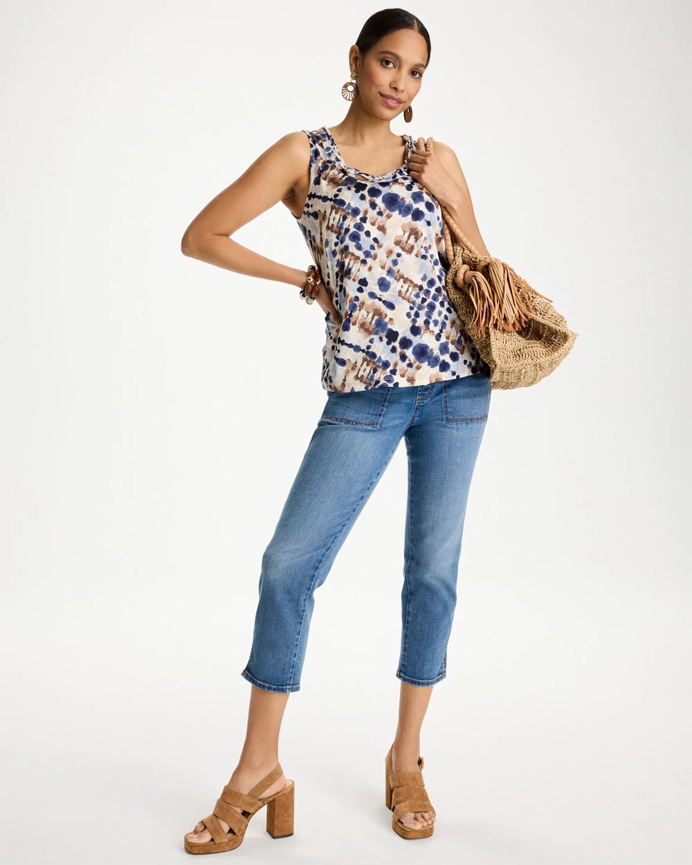 Chico's Top Pick - Printed Jersey Satin Tank Top Passport Blue