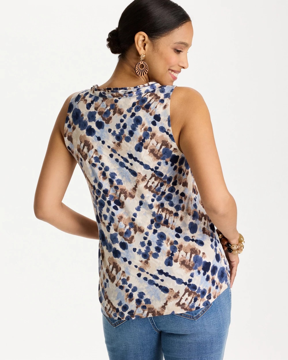 Chico's Top Pick - Printed Jersey Satin Tank Top Passport Blue