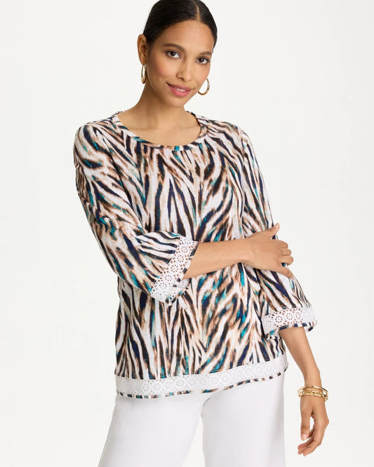 Chico's Essential - Tiger Linen Crochet Lace Tee Lagoon Blue