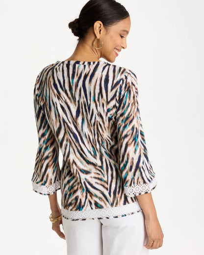 Chico's Essential - Tiger Linen Crochet Lace Tee Lagoon Blue