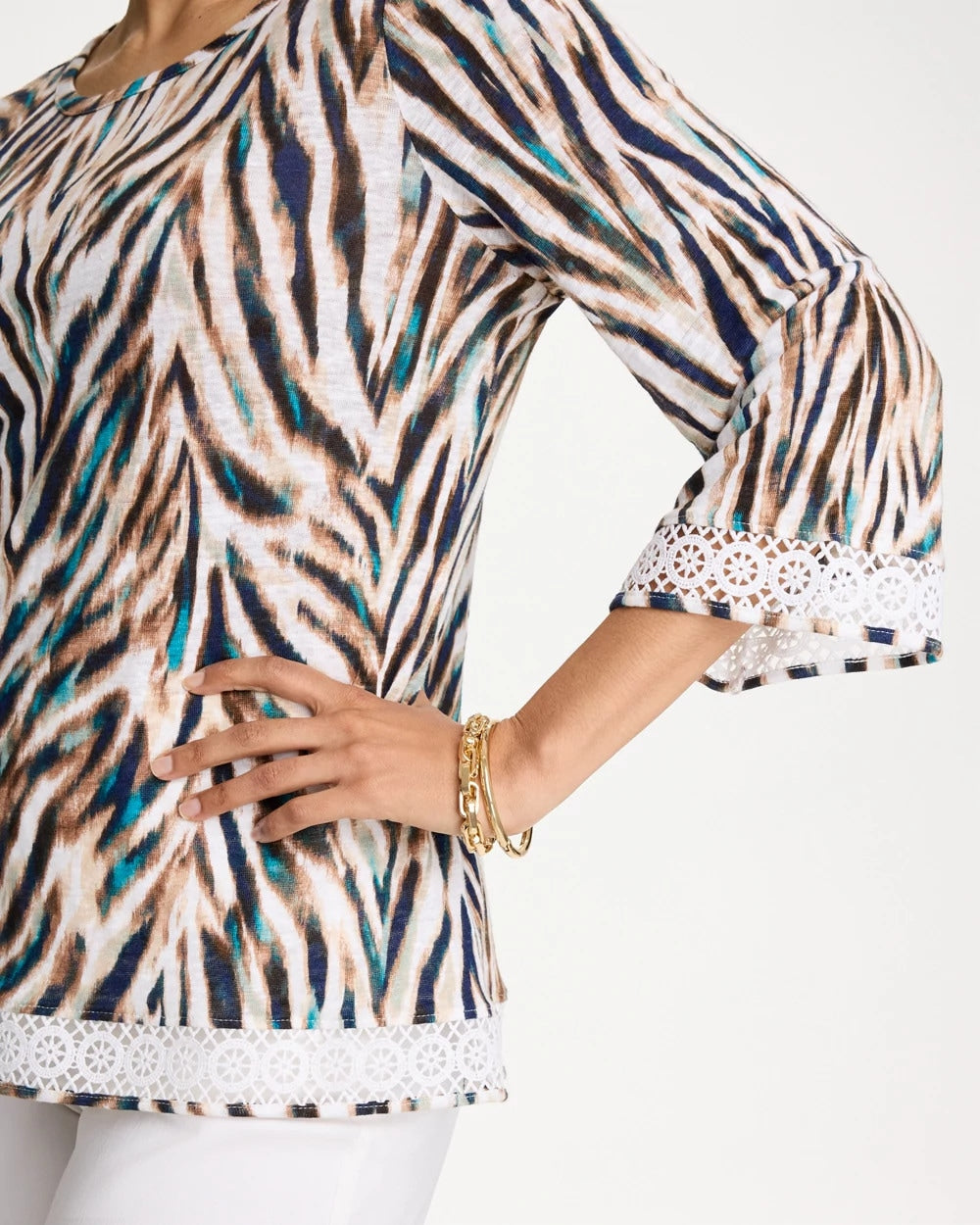 Chico's Essential - Tiger Linen Crochet Lace Tee Lagoon Blue