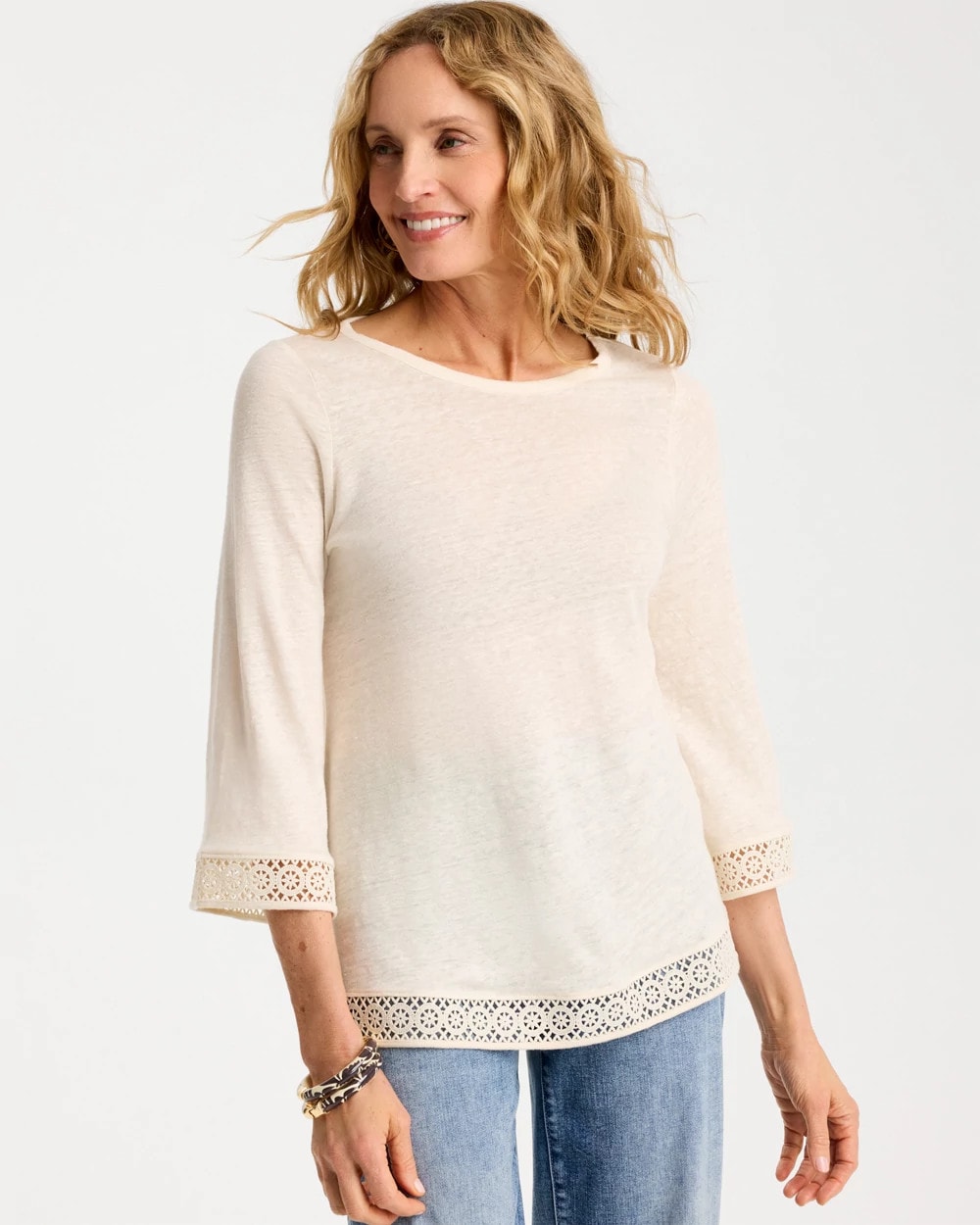 Chico's Best Seller - Linen Crochet Lace Tee Natural Cream