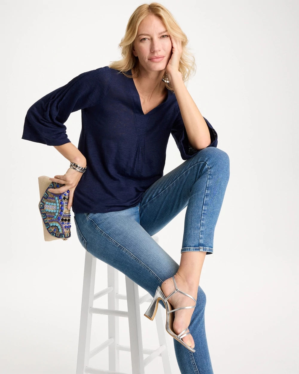 Chico's Everyday - Linen Pleated Pintuck Tee Passport Blue