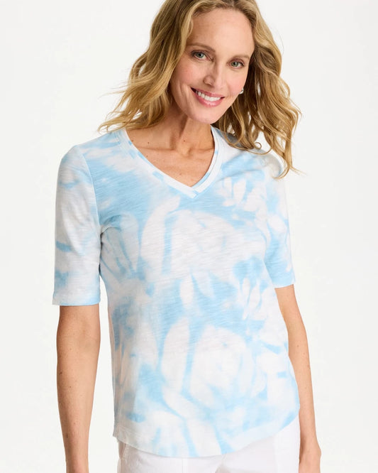 Chico's Quality - Tie-Dye Palm Cotton Slub V-Neck Tee Blue Haven