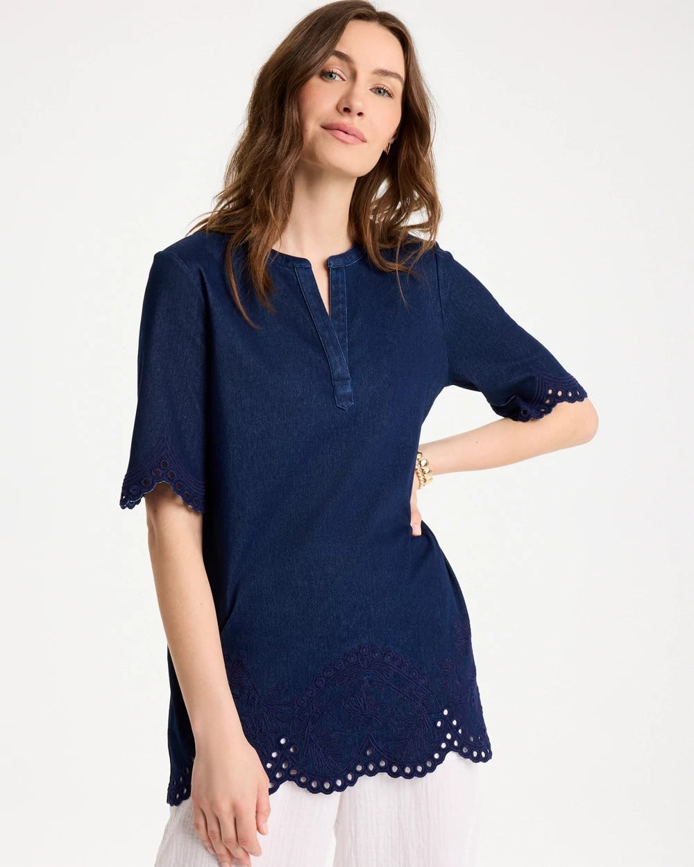 Chico's Essential - Embroidered Cotton-Blend Tunic Dark Wash