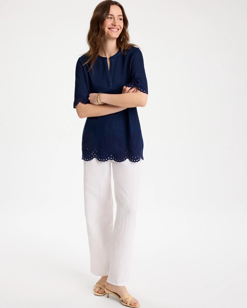 Chico's Essential - Embroidered Cotton-Blend Tunic Dark Wash