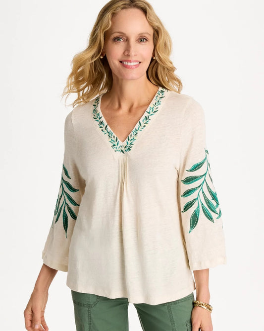 Chico's Great Value - Linen Palm Embroidered Pleated Tee Natural Cream