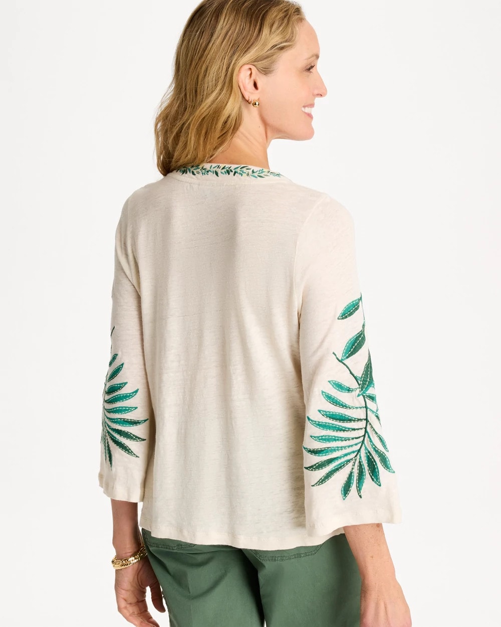 Chico's Great Value - Linen Palm Embroidered Pleated Tee Natural Cream