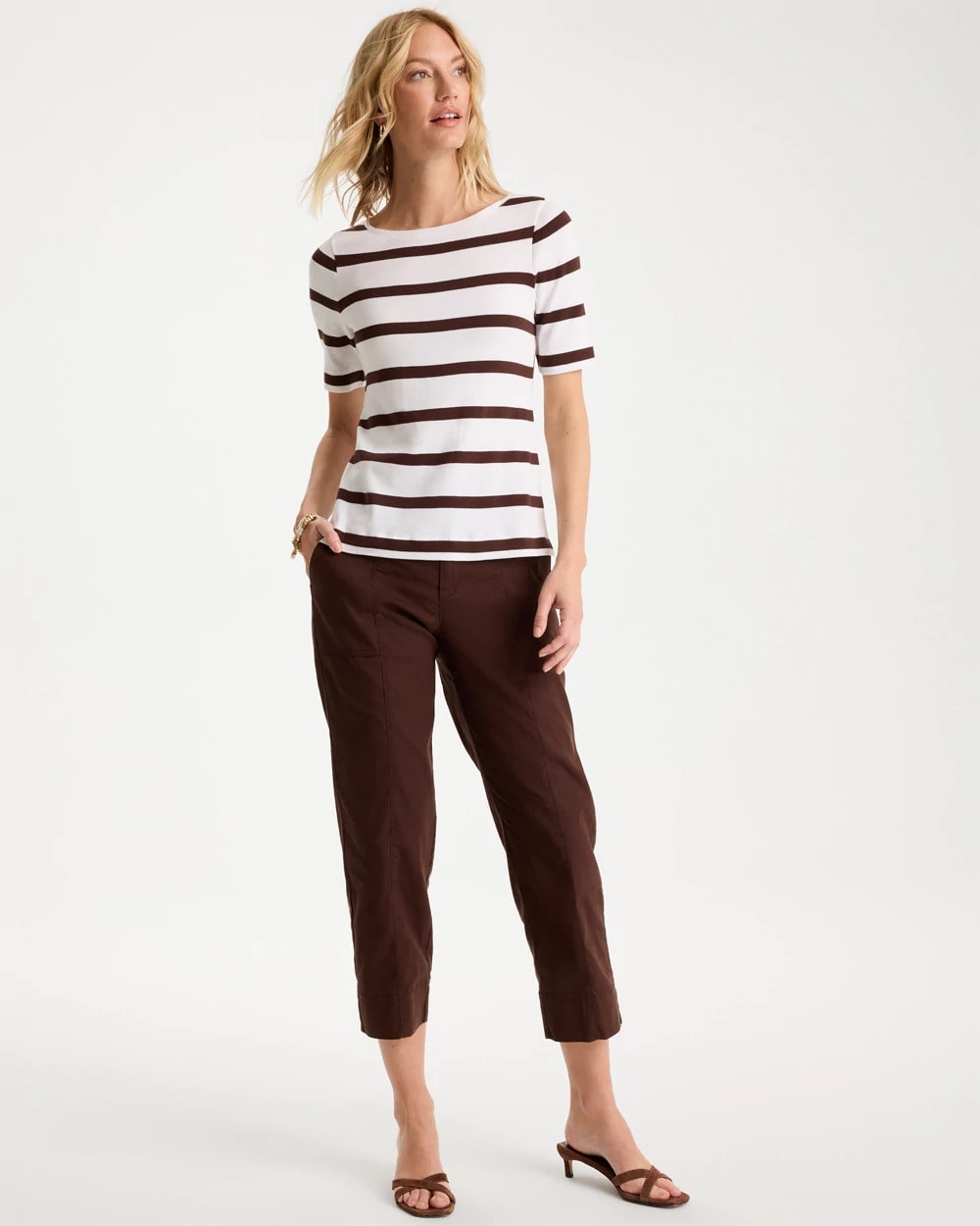 Chico's Discount - Striped Pima Elbow Sleeve Tee Alabaster