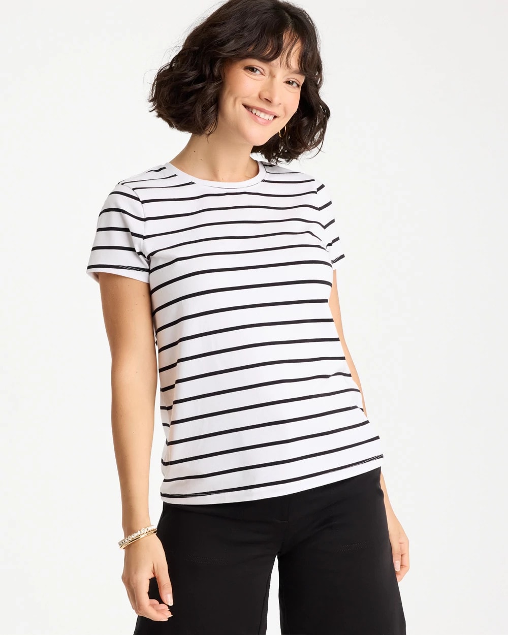 Chico's New - Striped Cotton Stretch Cap-Sleeve Tee Black
